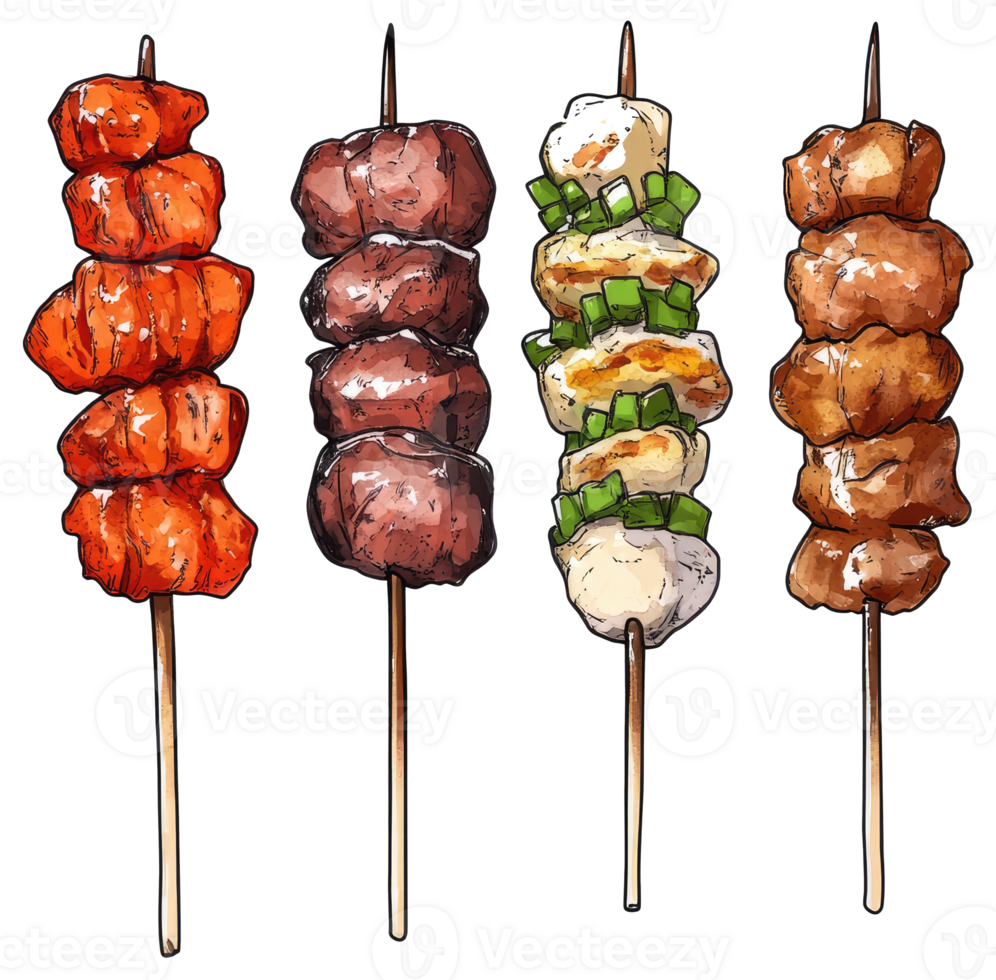 Colorful illustrations showcasing various delicious food skewers on wooden sticks png