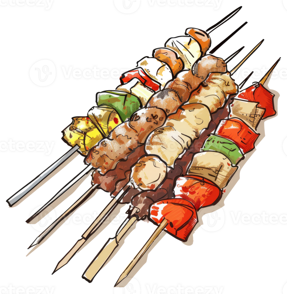 Colorful assorted kabobs are skewered and ready for eating png