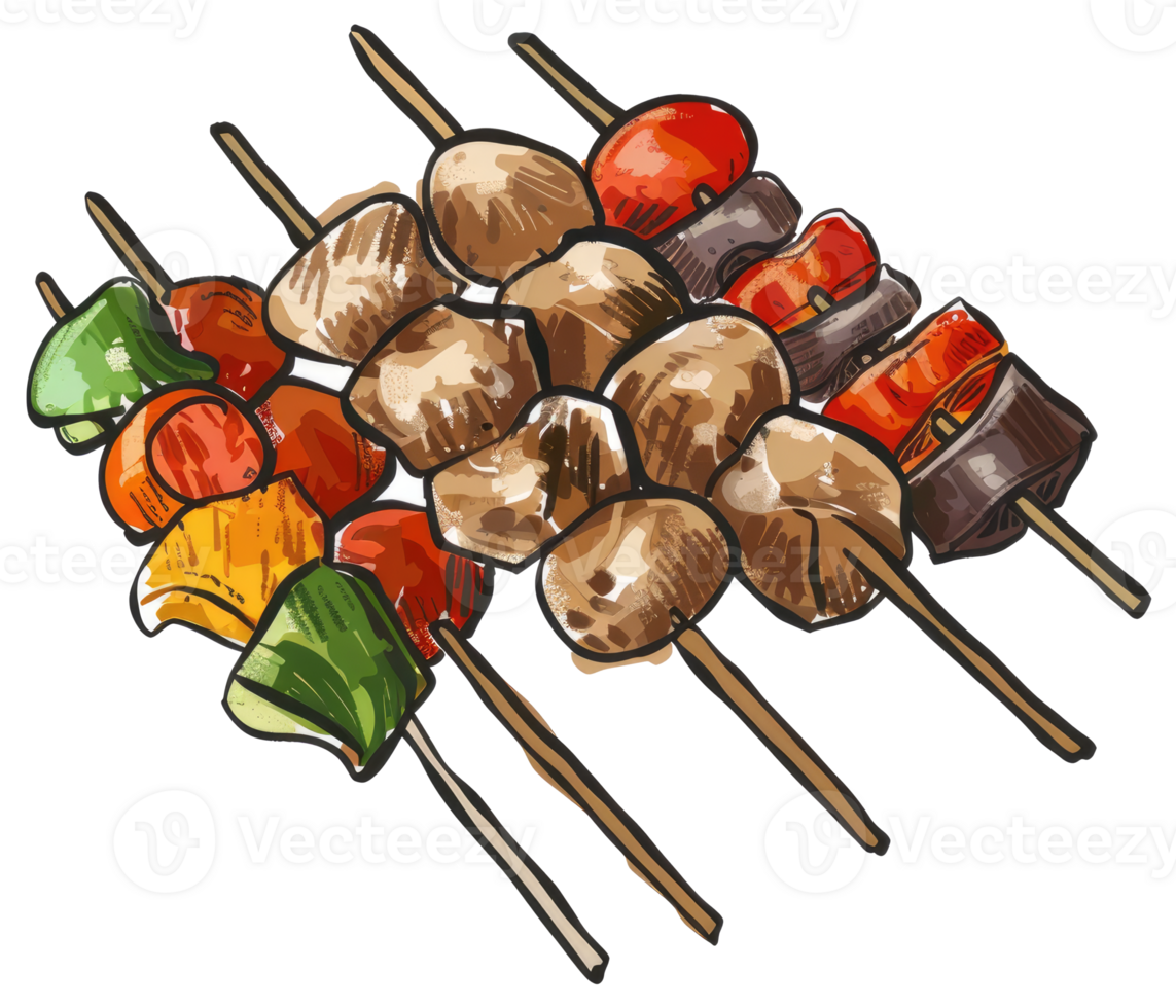 Skewers of various grilled food ingredients arranged together png