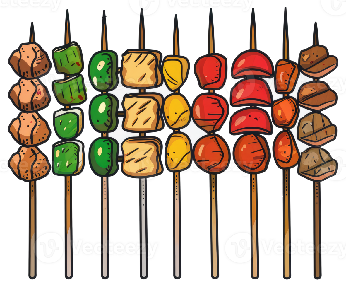 Skewered food items of various ingredients presented on wooden sticks png