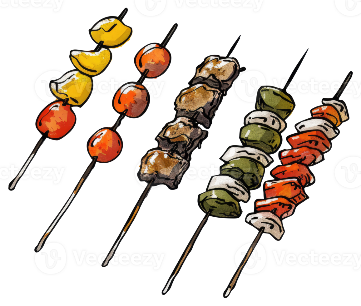 Colorful skewers of various grilled ingredients are on display png