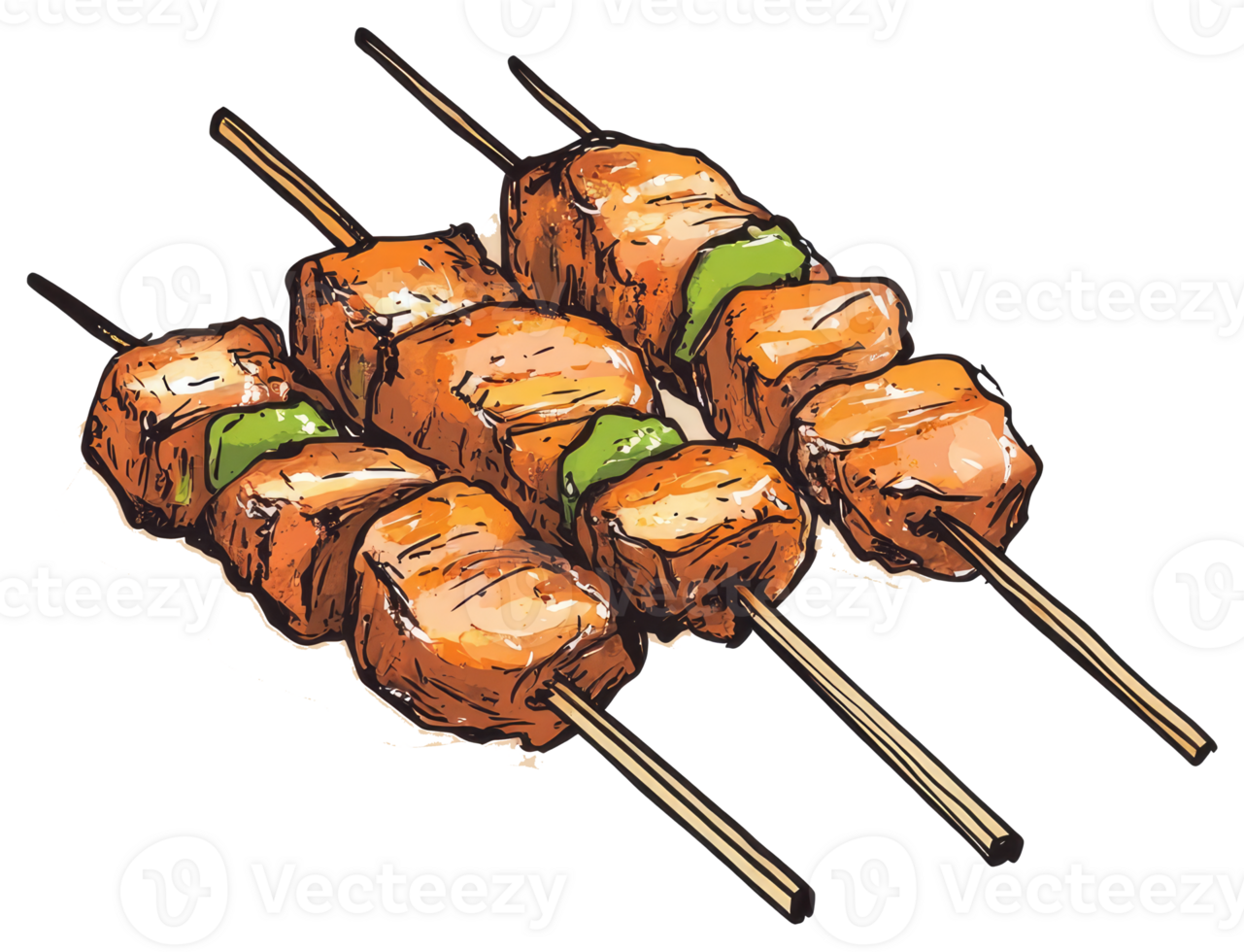 Three skewers of food are arranged side by side in a row png