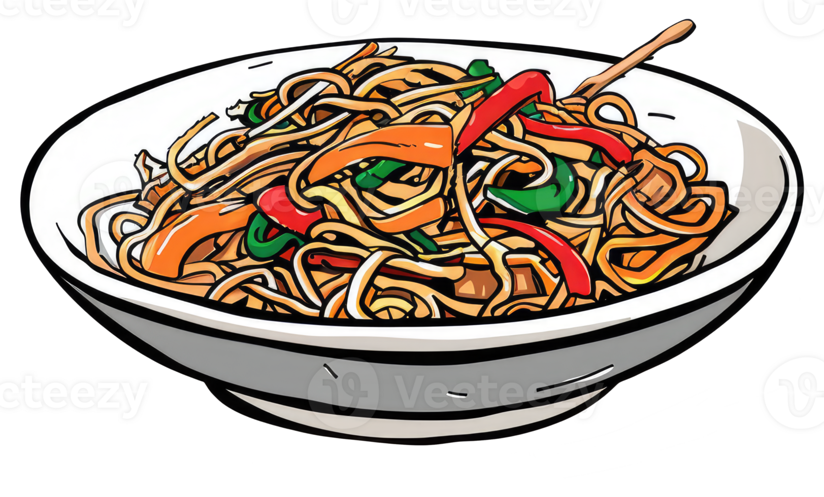A Bowl of Noodles with Vegetables and Chopsticks Above it png