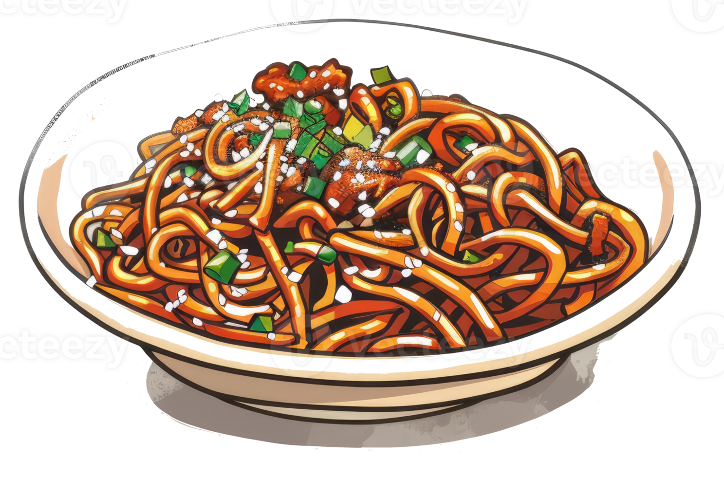 A Bowl of Noodles Topped with Green Onions and Sesame Seeds png