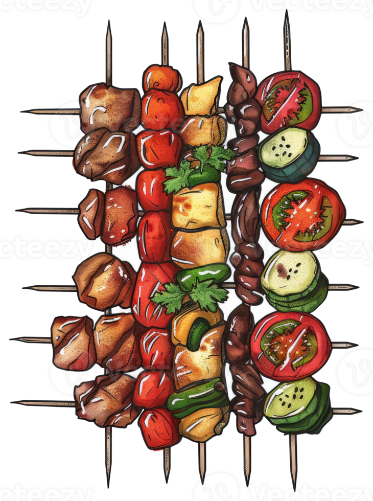 Skewers of grilled meat vegetables and other delightful food items png