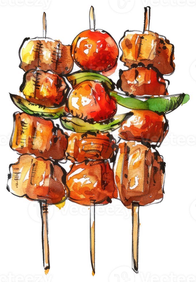 Watercolor Illustration of Grilled Food Skewers on Wooden Sticks png