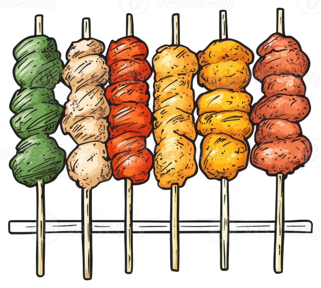 Six skewers each holding a variety of cooked food items png