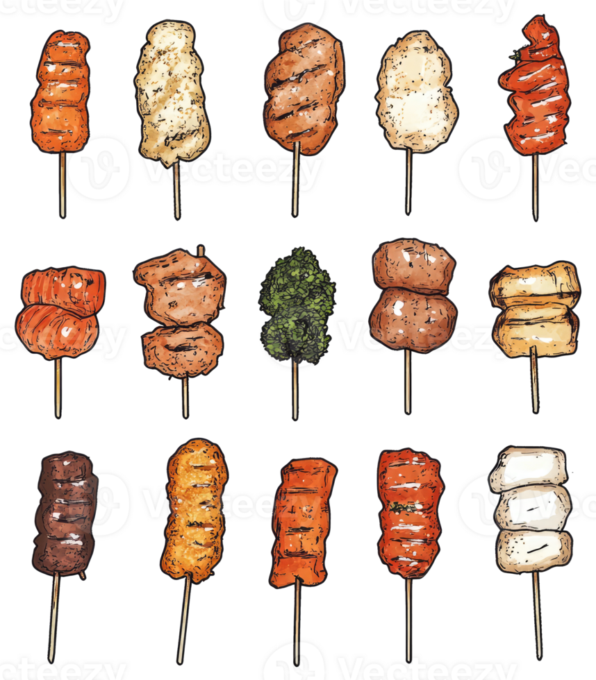 Illustrated display of several skewered food items on wooden sticks png