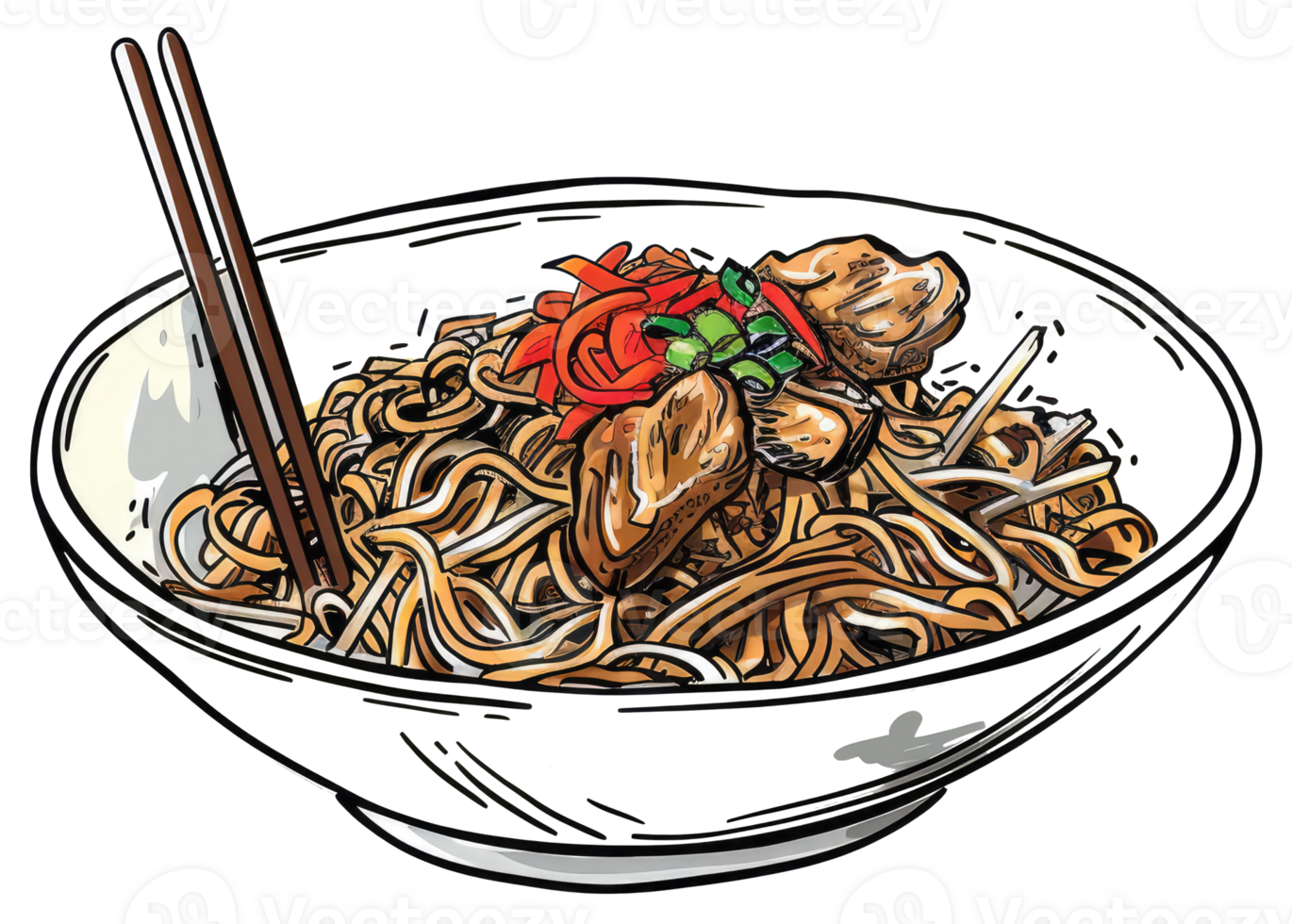 A bowl of noodles with chopsticks and tasty toppings included png