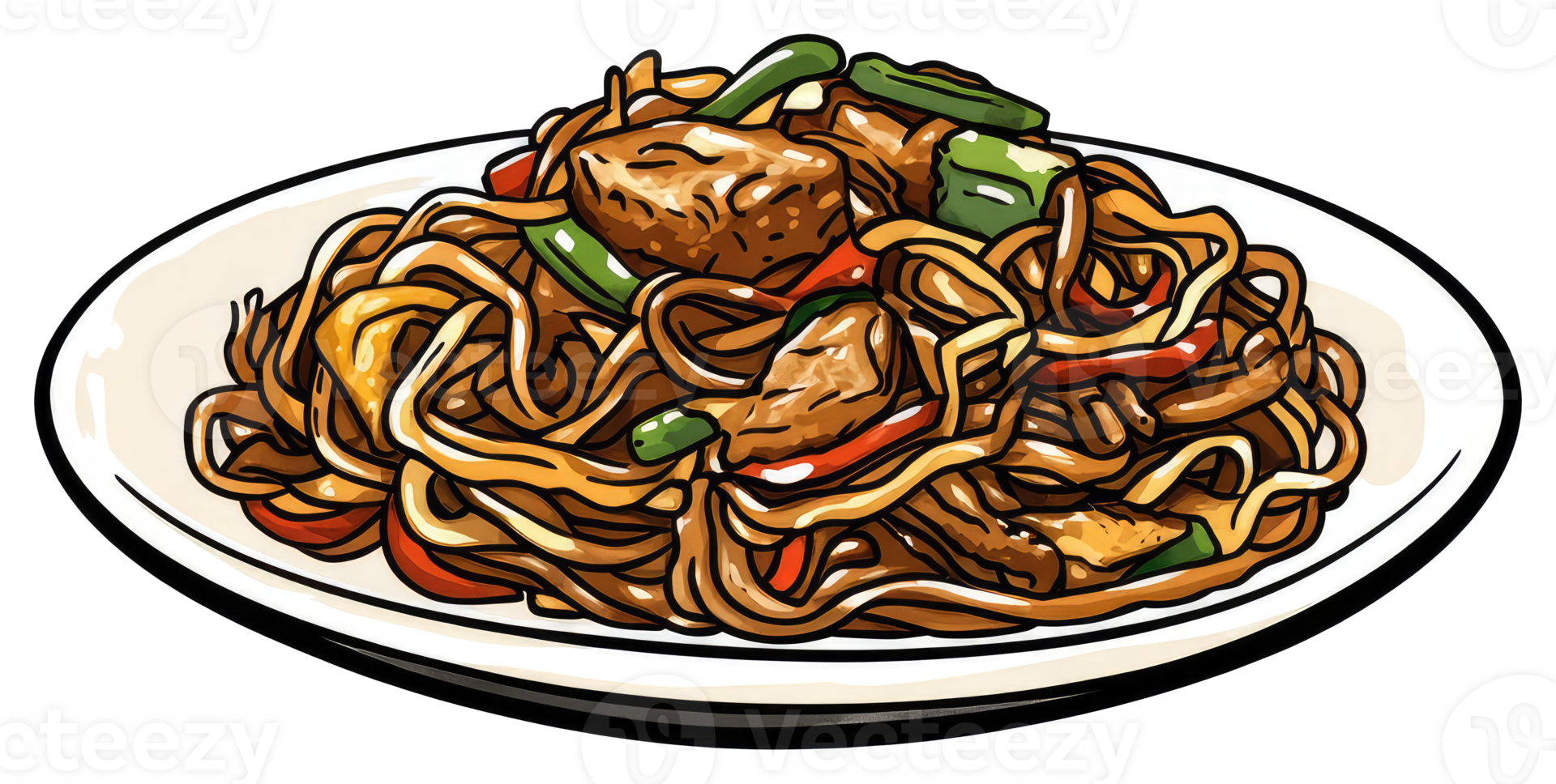 Delicious noodles with vegetables and meat served on a plate png