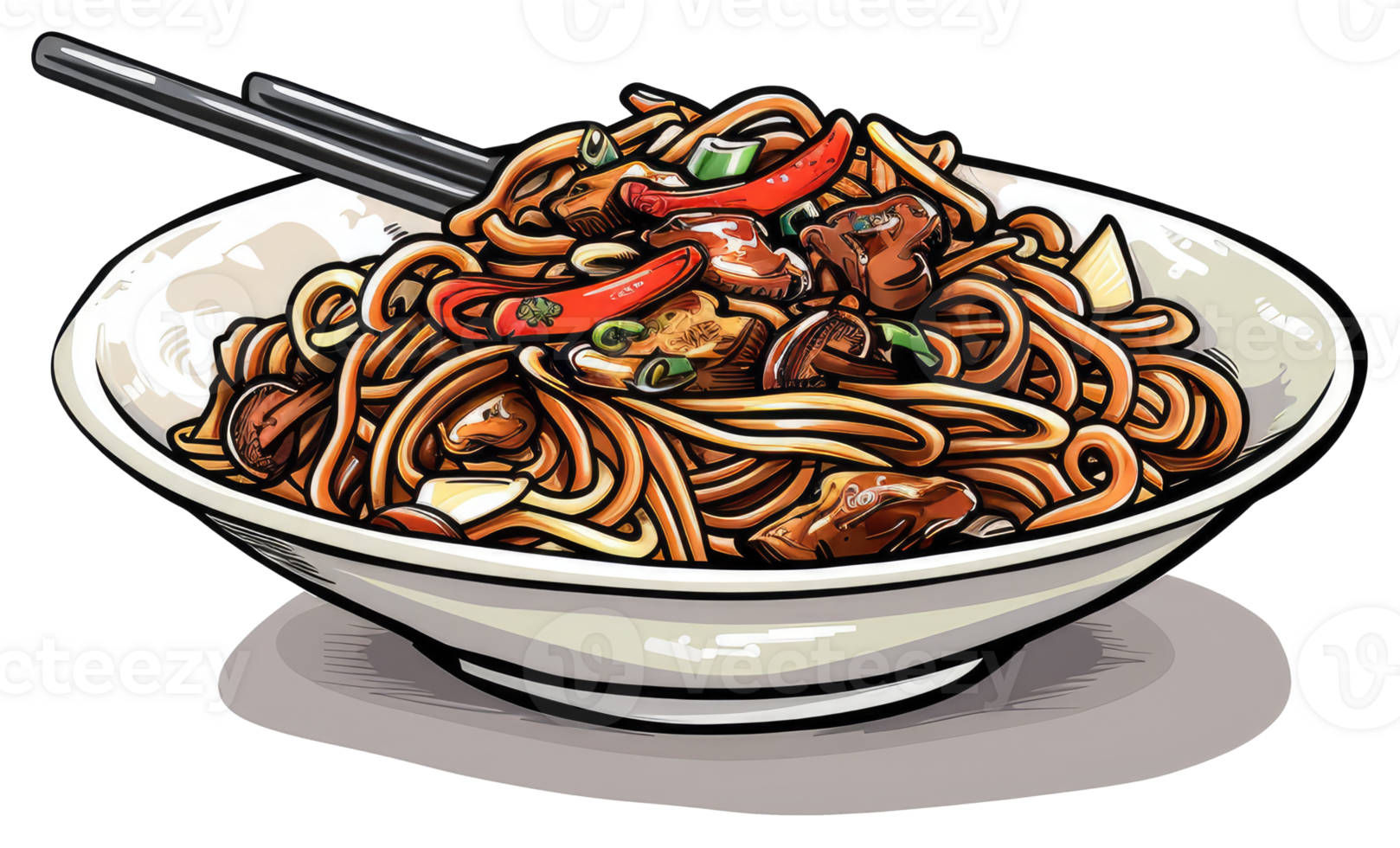 A detailed illustration of delicious noodles with various toppings inside a bowl png