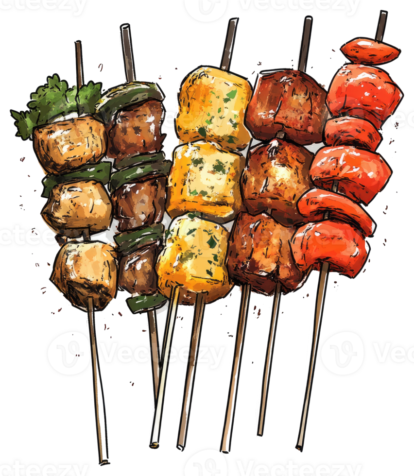 A colorful illustration depicts several skewers with varied foods png