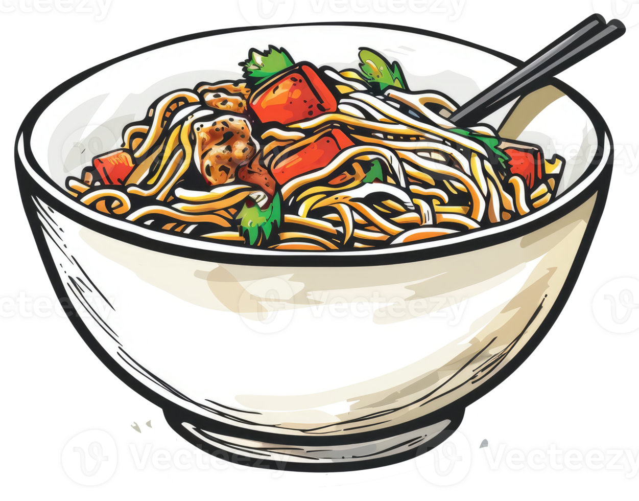 A detailed illustration of a full bowl of noodles with chopsticks png