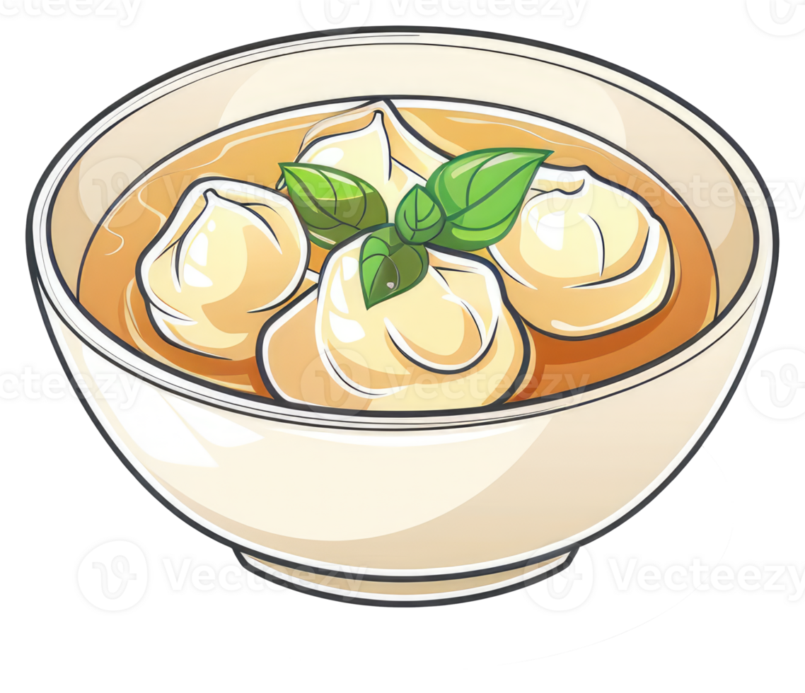 A bowl filled with soup and dumplings ready to eat png