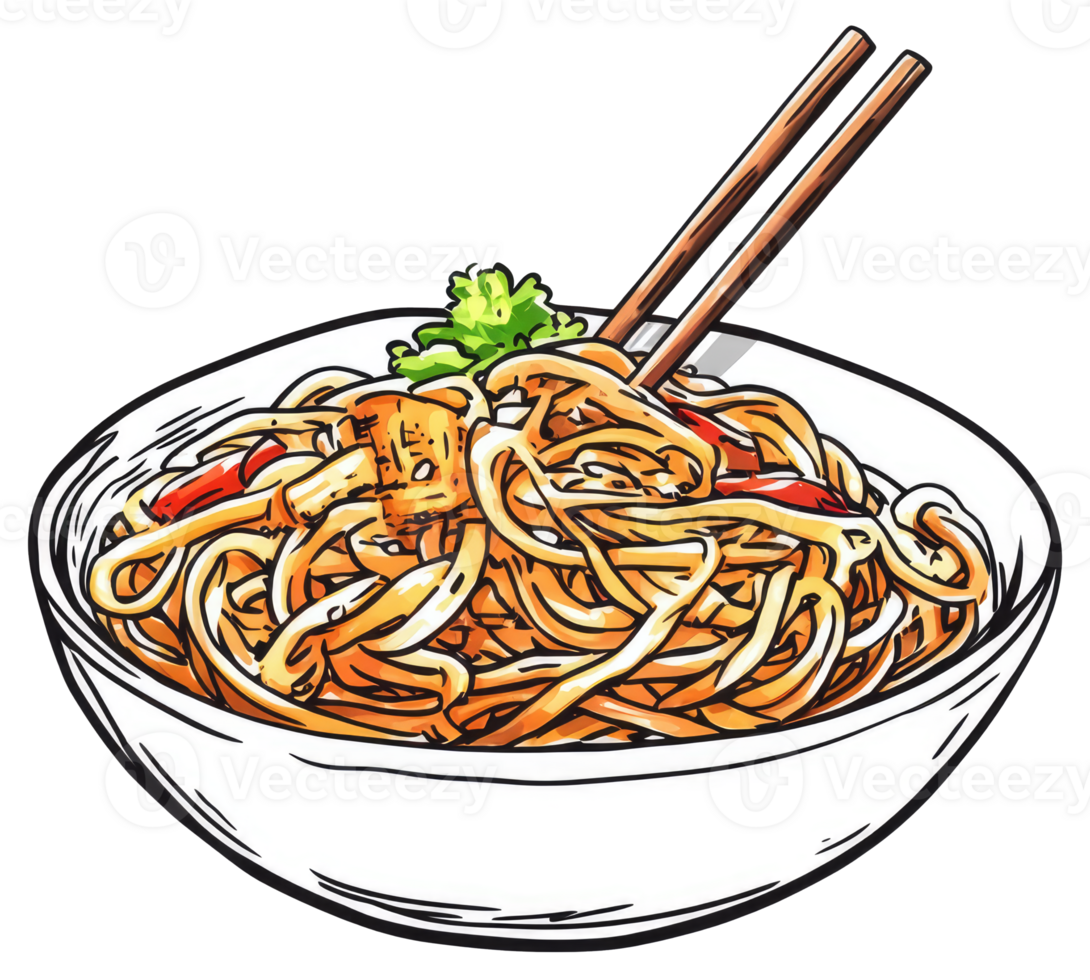 Illustration shows a bowl filled with noodles and wooden chopsticks png