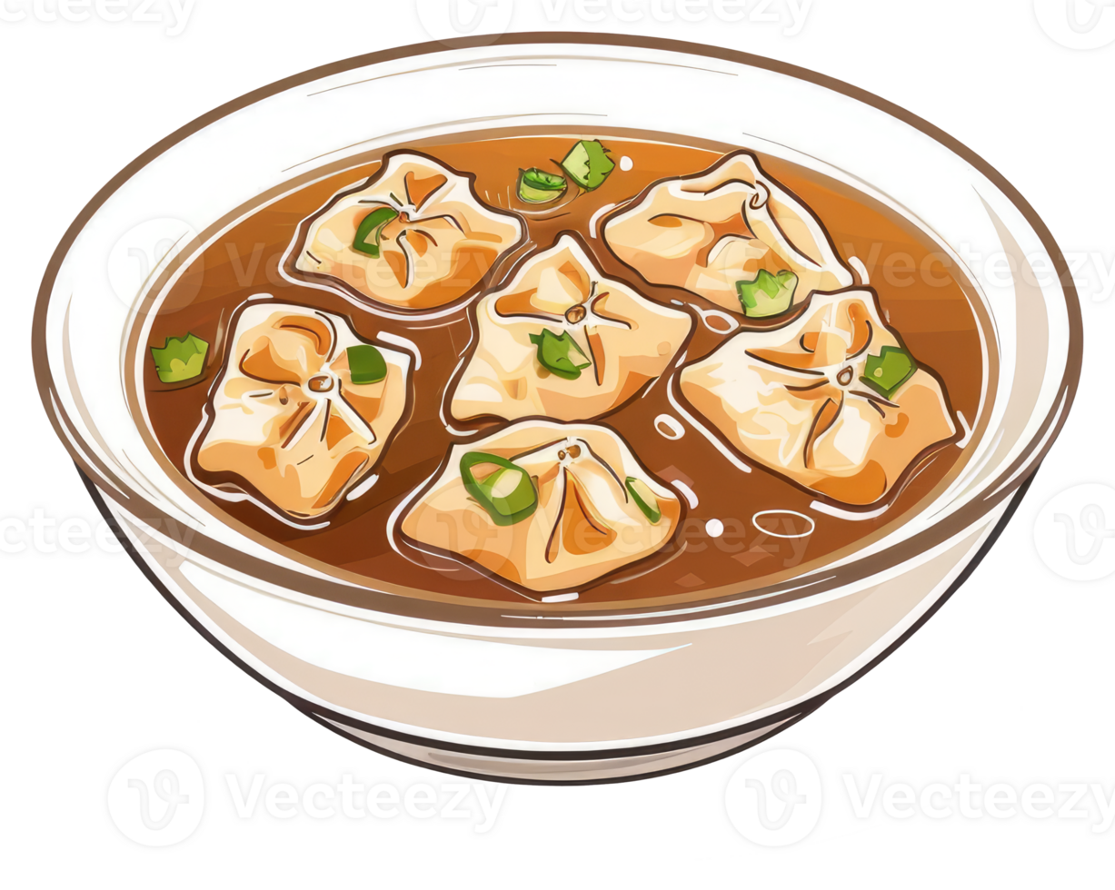 A bowl filled with dumplings sitting in a broth png