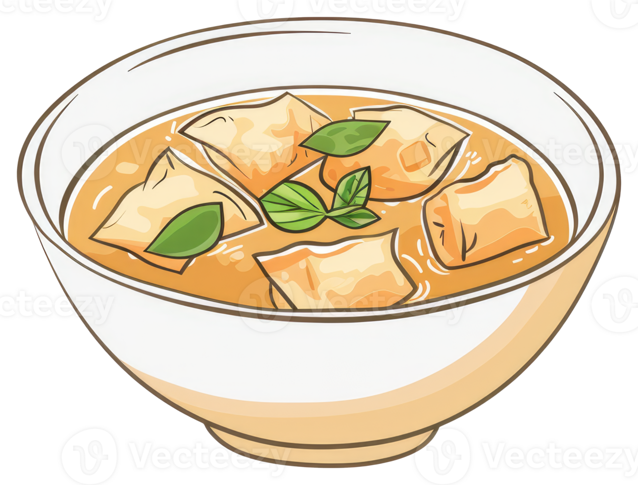 An illustrated bowl containing soup with some vegetables on top png