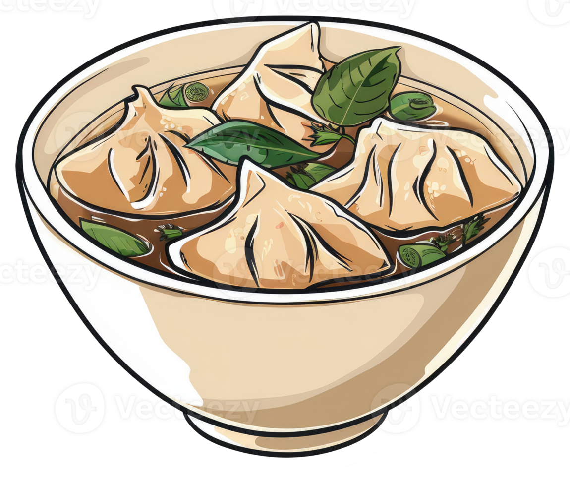 A bowl filled with dumplings and broth with green herbs png