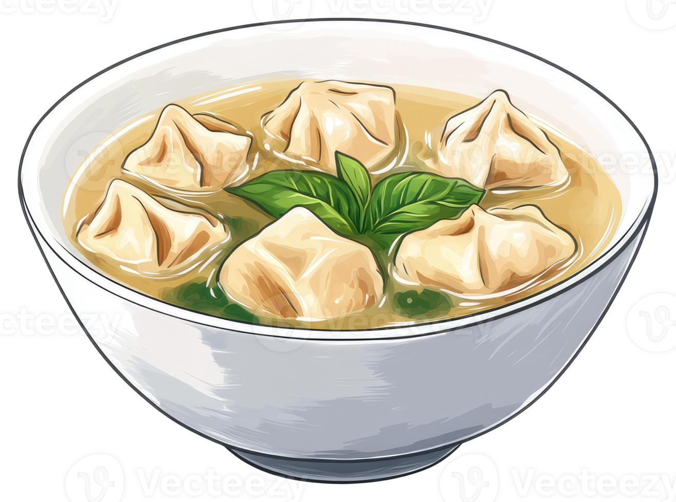 A ceramic bowl containing delicious dumplings in flavorful broth png