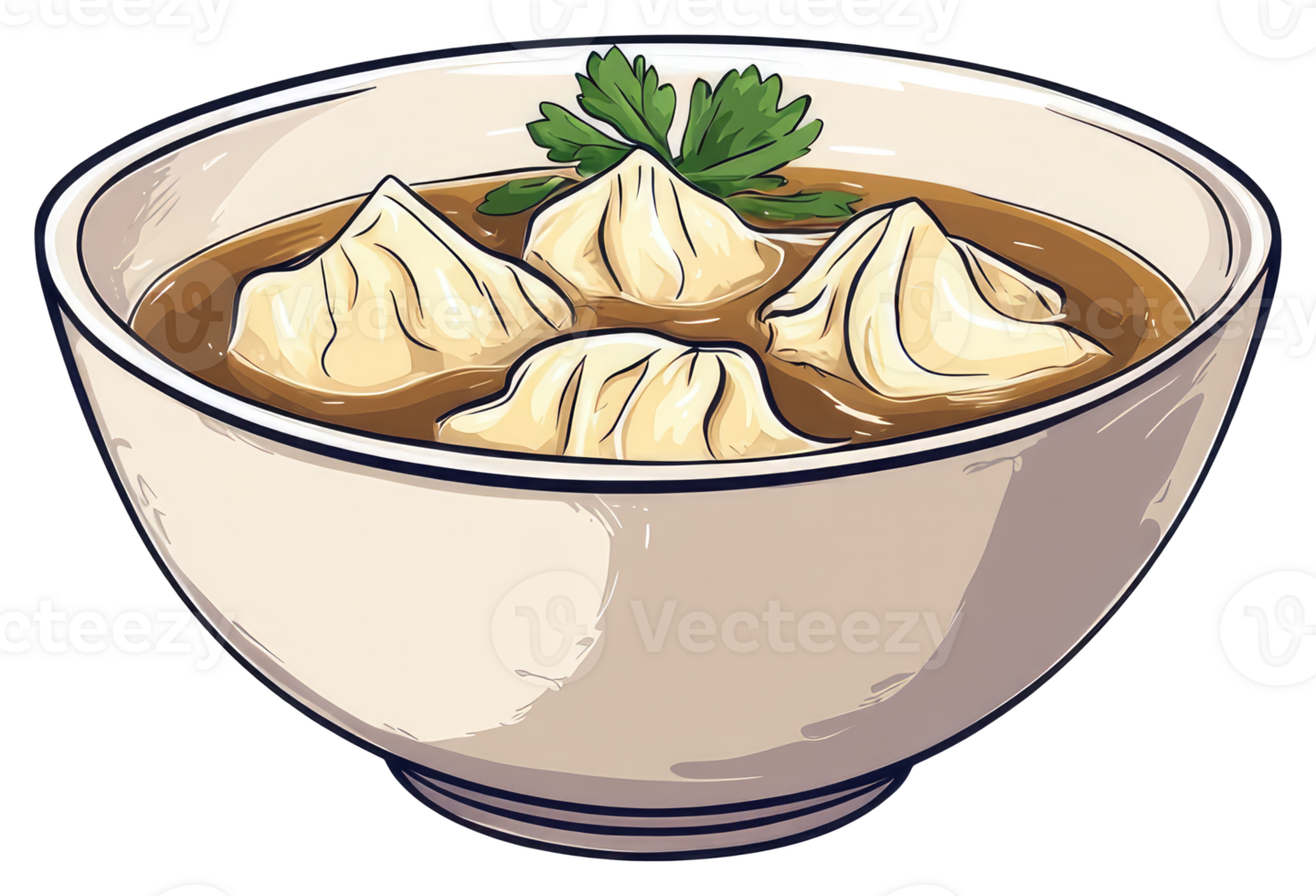 A Bowl Containing Dumplings with Herbs in Delicious Broth png
