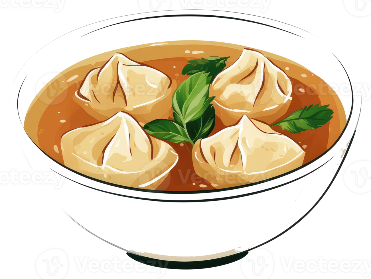 Four dumplings with greens are served in a white bowl of broth png