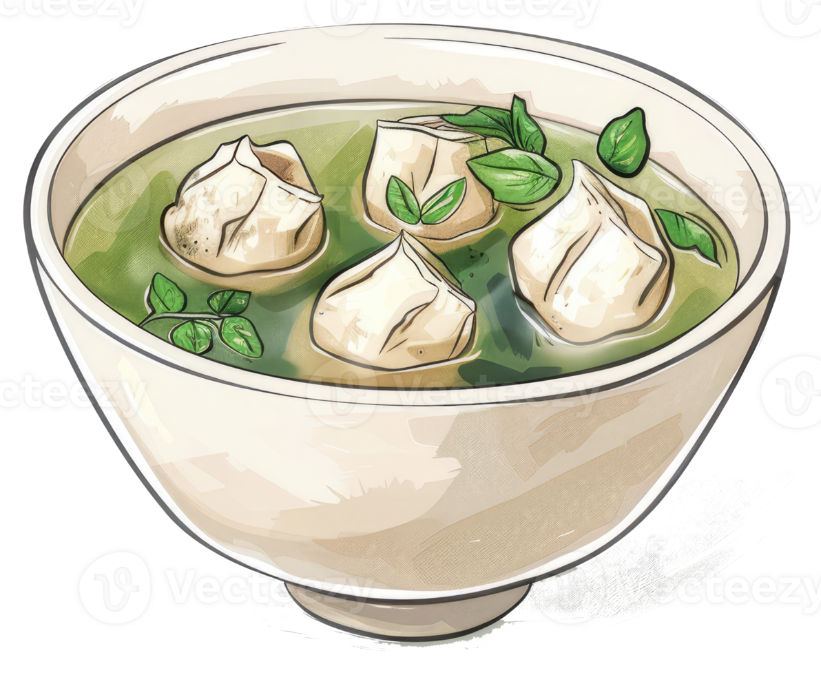 Delicious bowl of dumpling soup garnished with fresh green herbs png