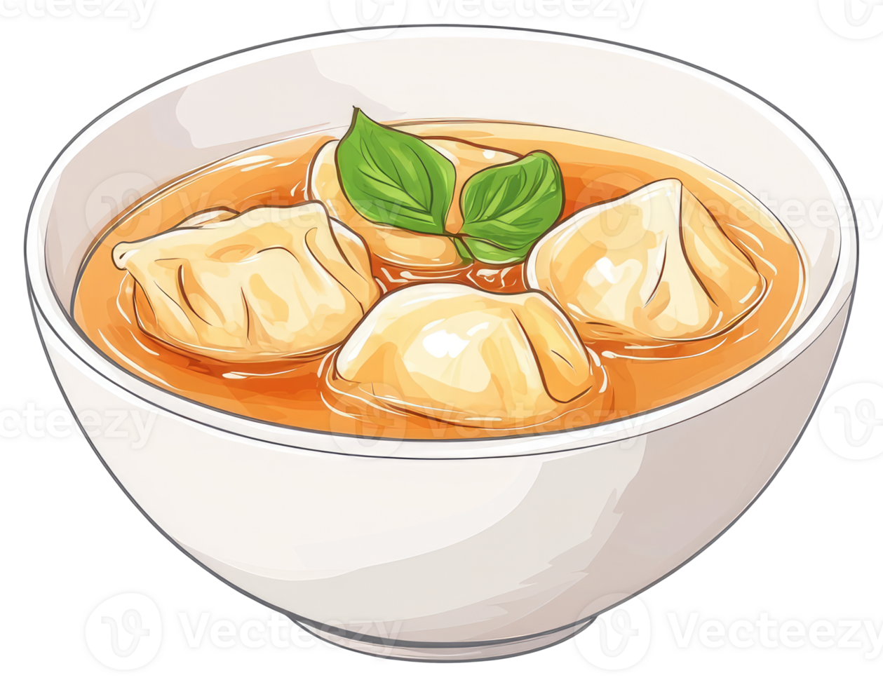 A bowl filled with dumplings and a delicious savory broth png