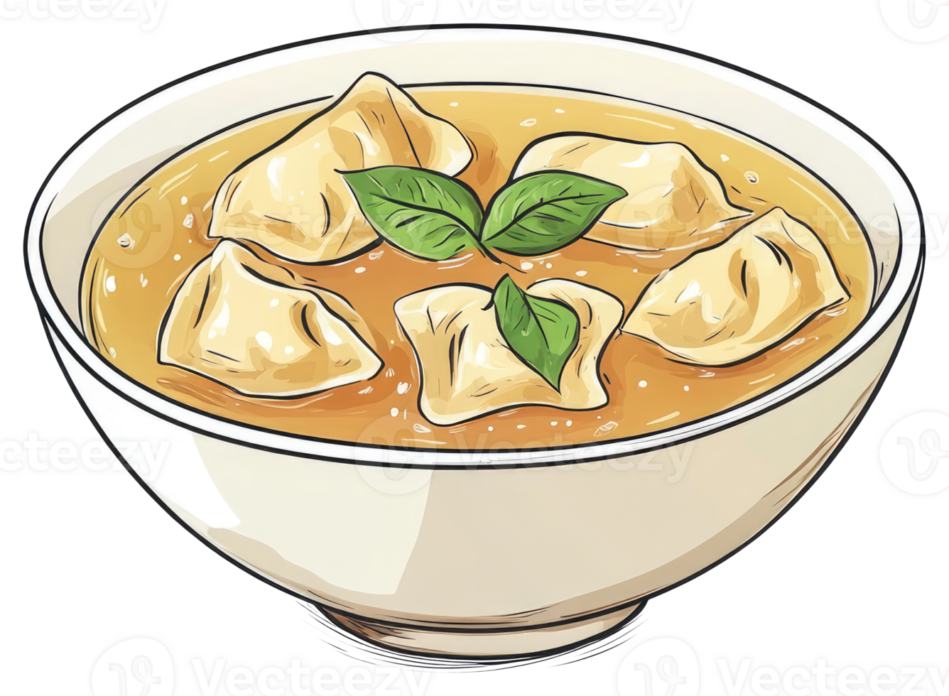 Delicious dumplings in a savory broth with fresh basil leaves png