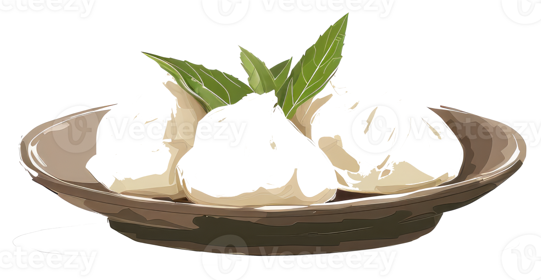 White dumplings are served on a brown plate with green leaves png