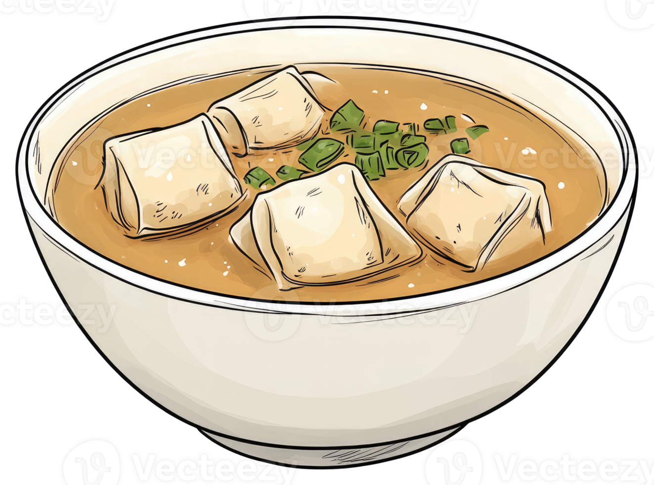 A bowl of broth soup with floating tofu and greens png