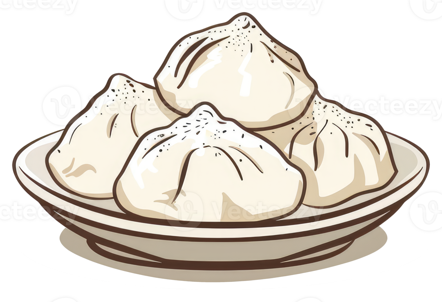 Four cooked dumplings presented in a decorative ceramic plate png