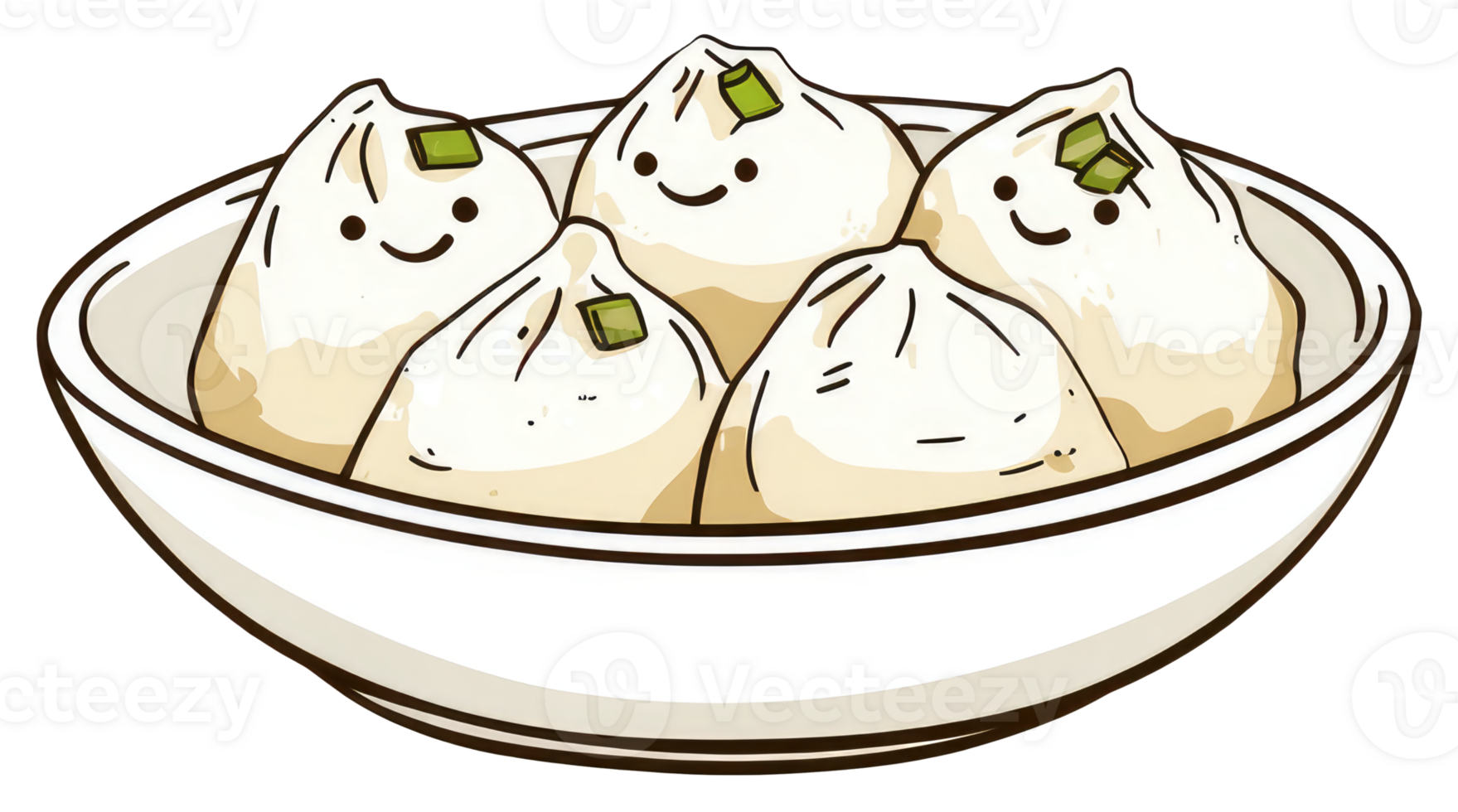 Animated illustration showing smiling steamed dumplings inside of a bowl png