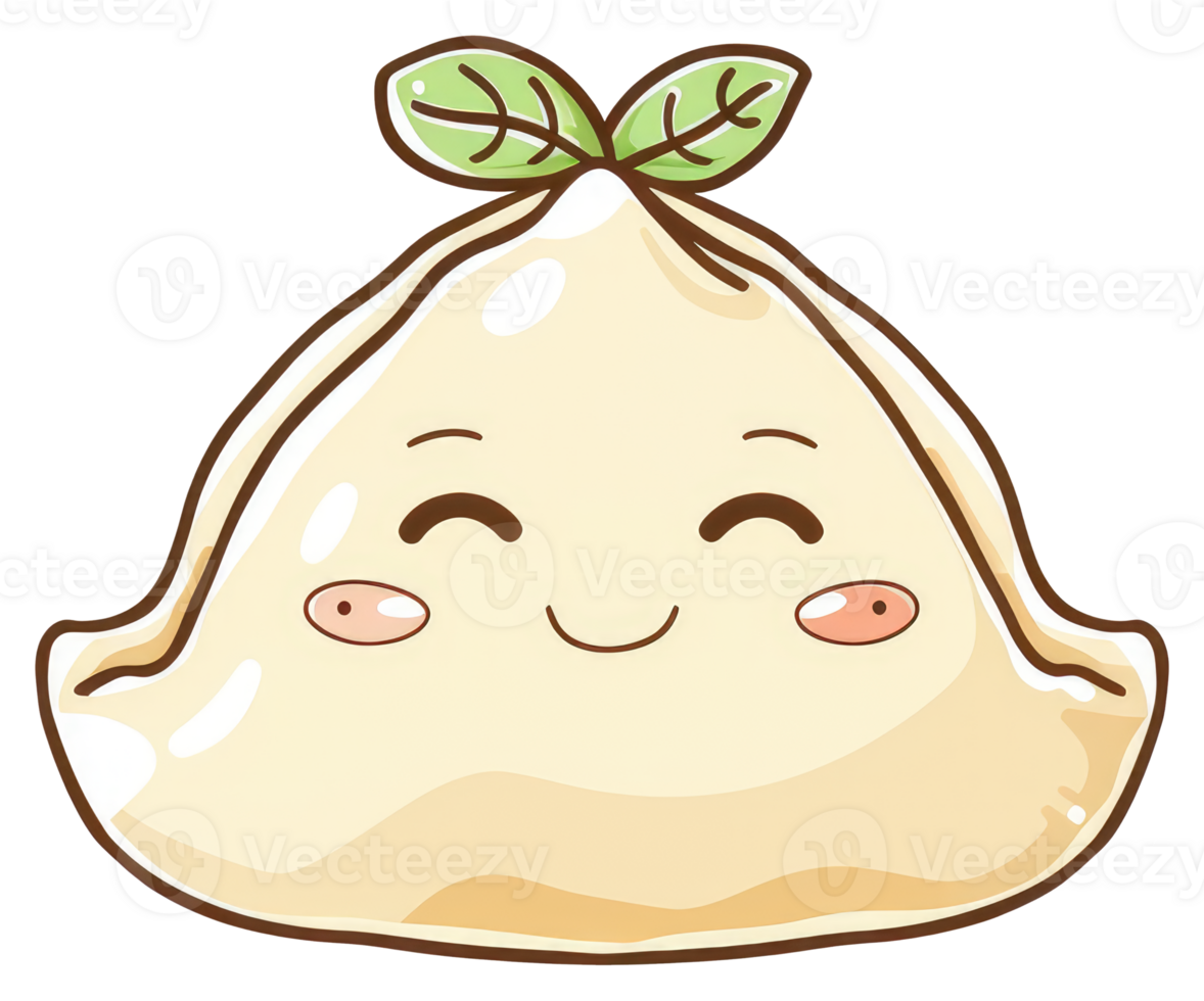 An adorable dumpling character with friendly facial expressions and leaves png