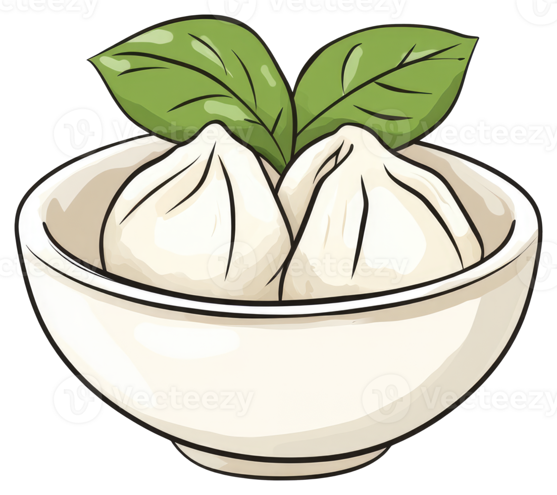 A white bowl containing two dumplings with green garnish png