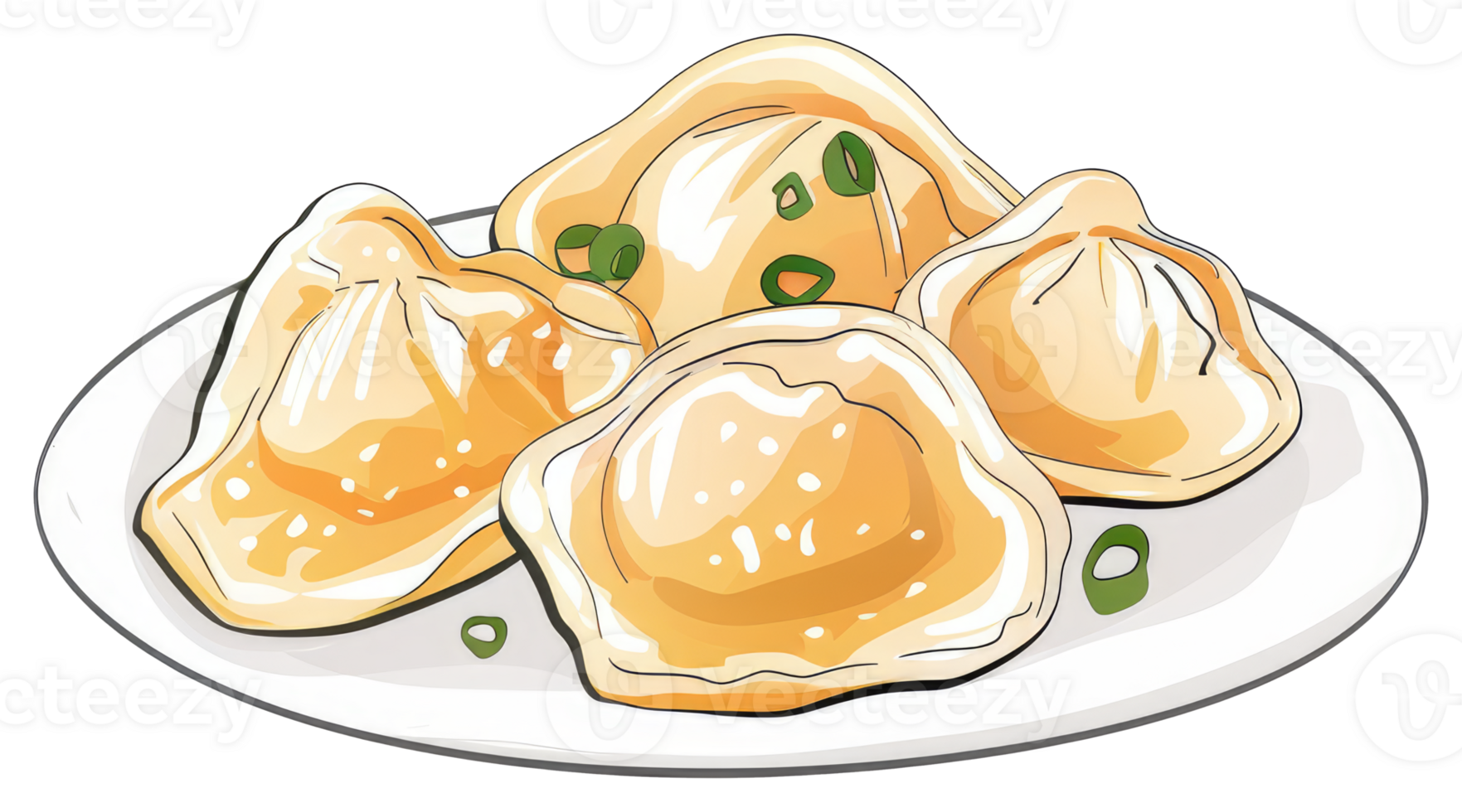 Delicious dumplings resting on a white porcelain plate ready to eat png