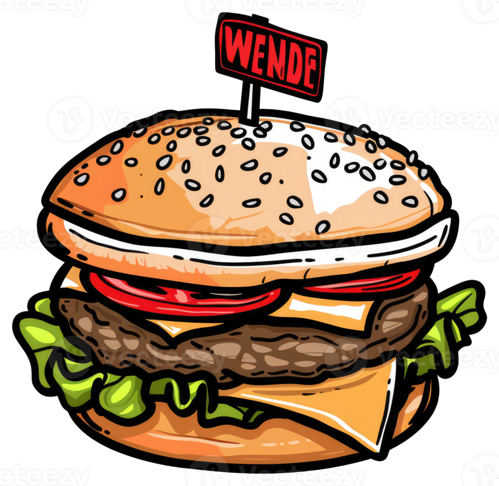 A delicious burger with all the fixings on a sesame seed bun png
