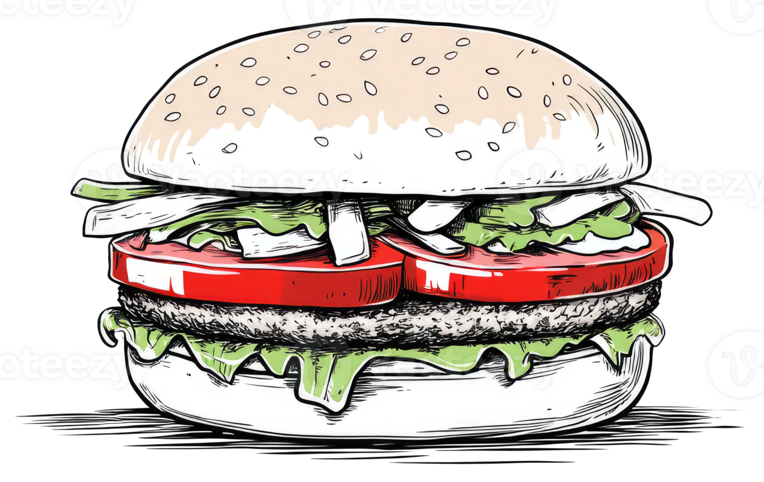 A Deliciously Illustrated Hamburger Featuring Fresh Ingredients In Layers png