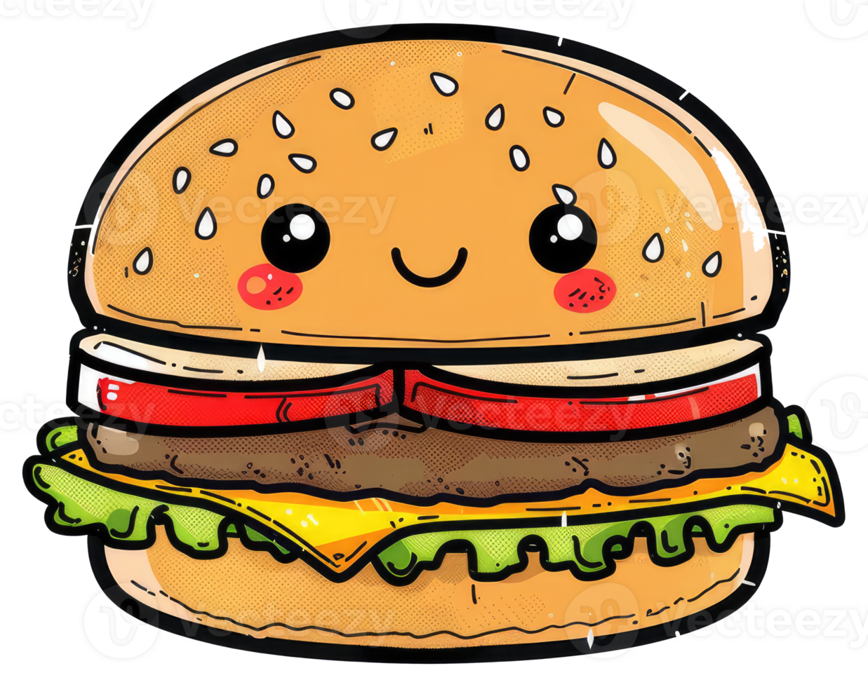 A cartoon hamburger with smiling face and kawaii style details png