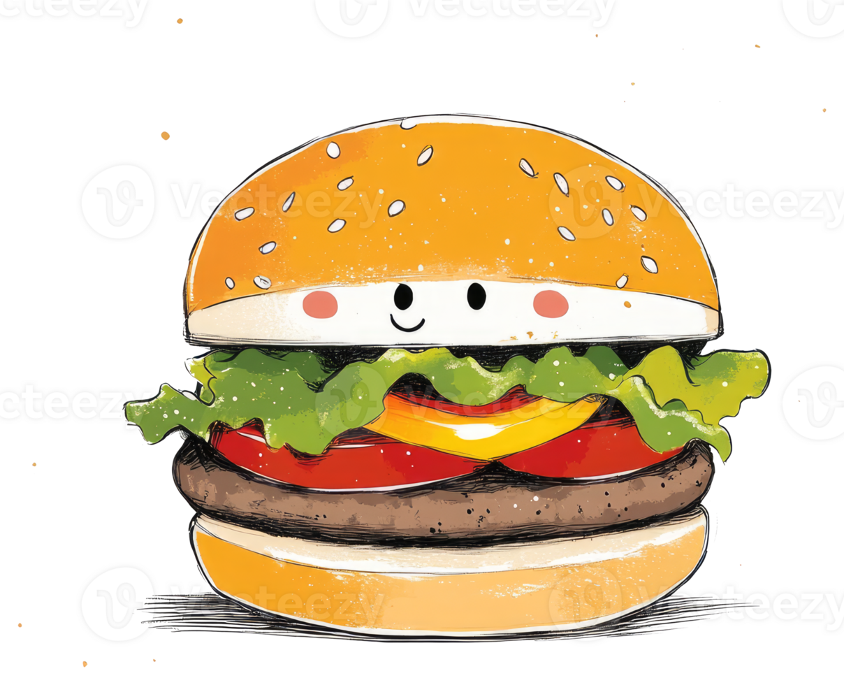 A Friendly Animated Hamburger Smiling With Fresh Ingredients Inside png