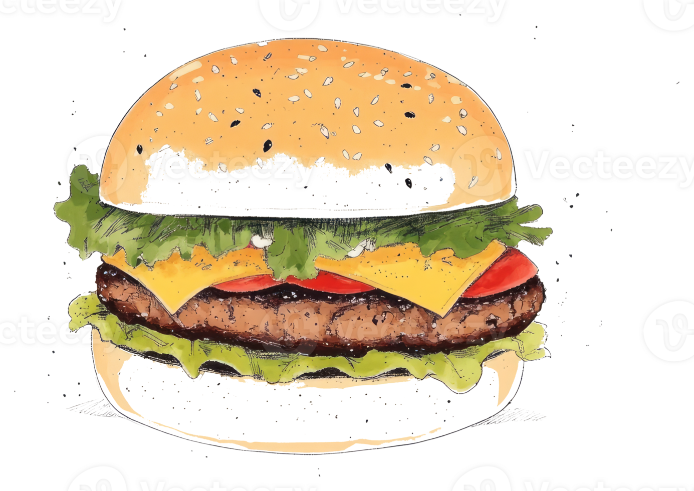 An artistic illustration depicting a delicious looking hamburger sandwich png