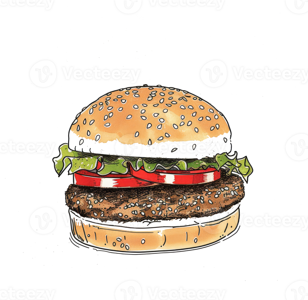 A detailed artistic drawing depicts a delicious hamburger sandwich with toppings png