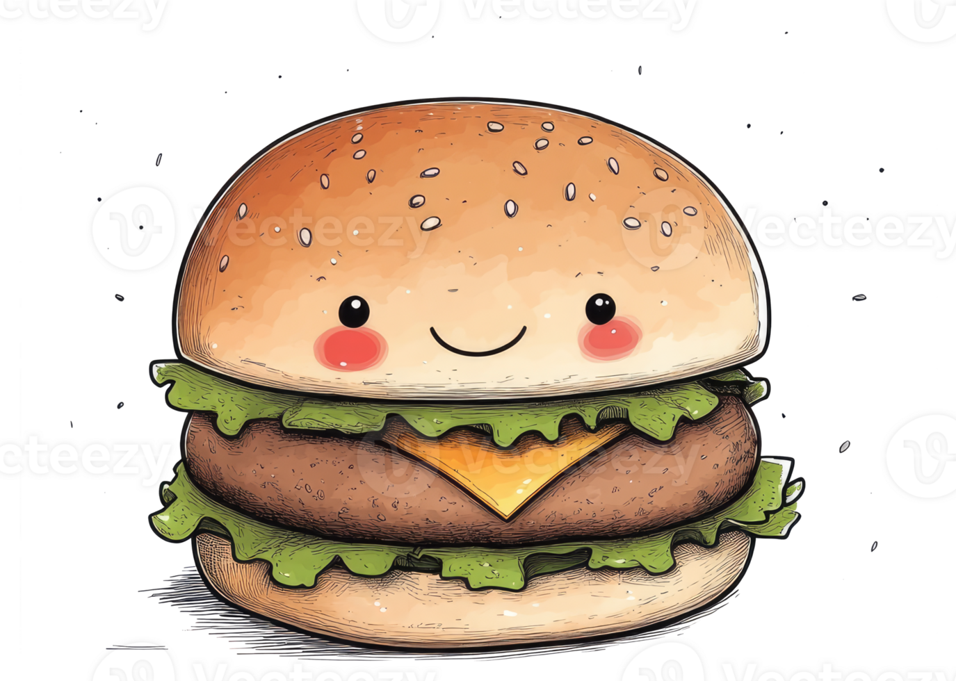 An adorable cartoon illustration of a smiling cheeseburger sandwich png