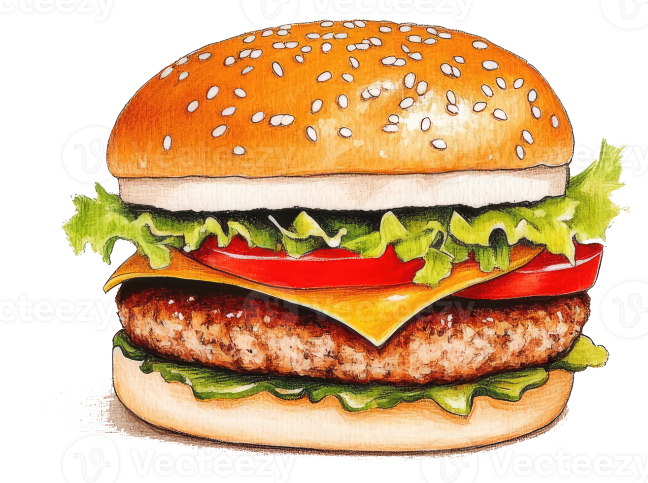 Delicious looking illustration of a fully assembled hamburger sandwich png