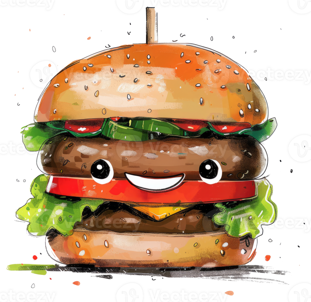 A Cheerful Cartoon Hamburger with Fresh Ingredients and Toppings png
