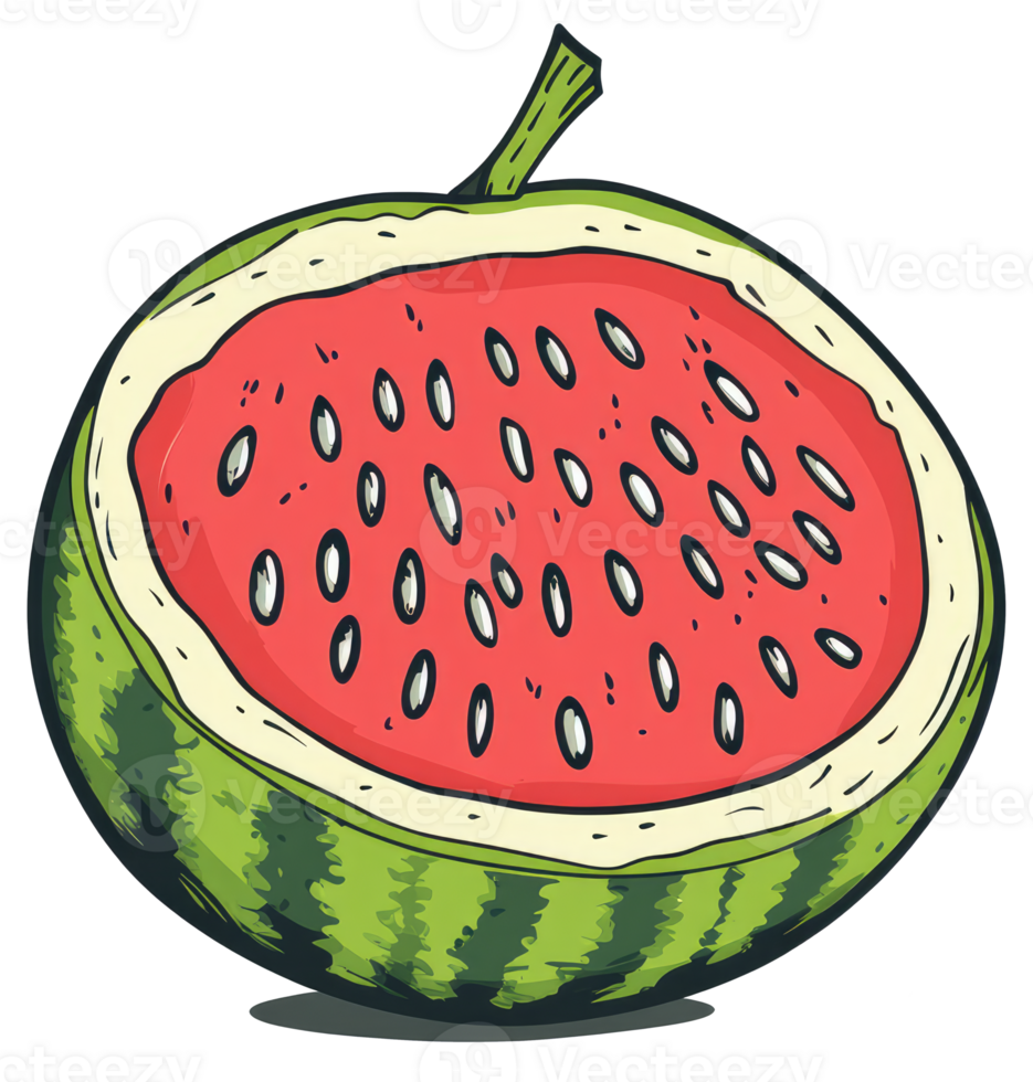 A freshly cut watermelon displaying its juicy red interior and seeds png