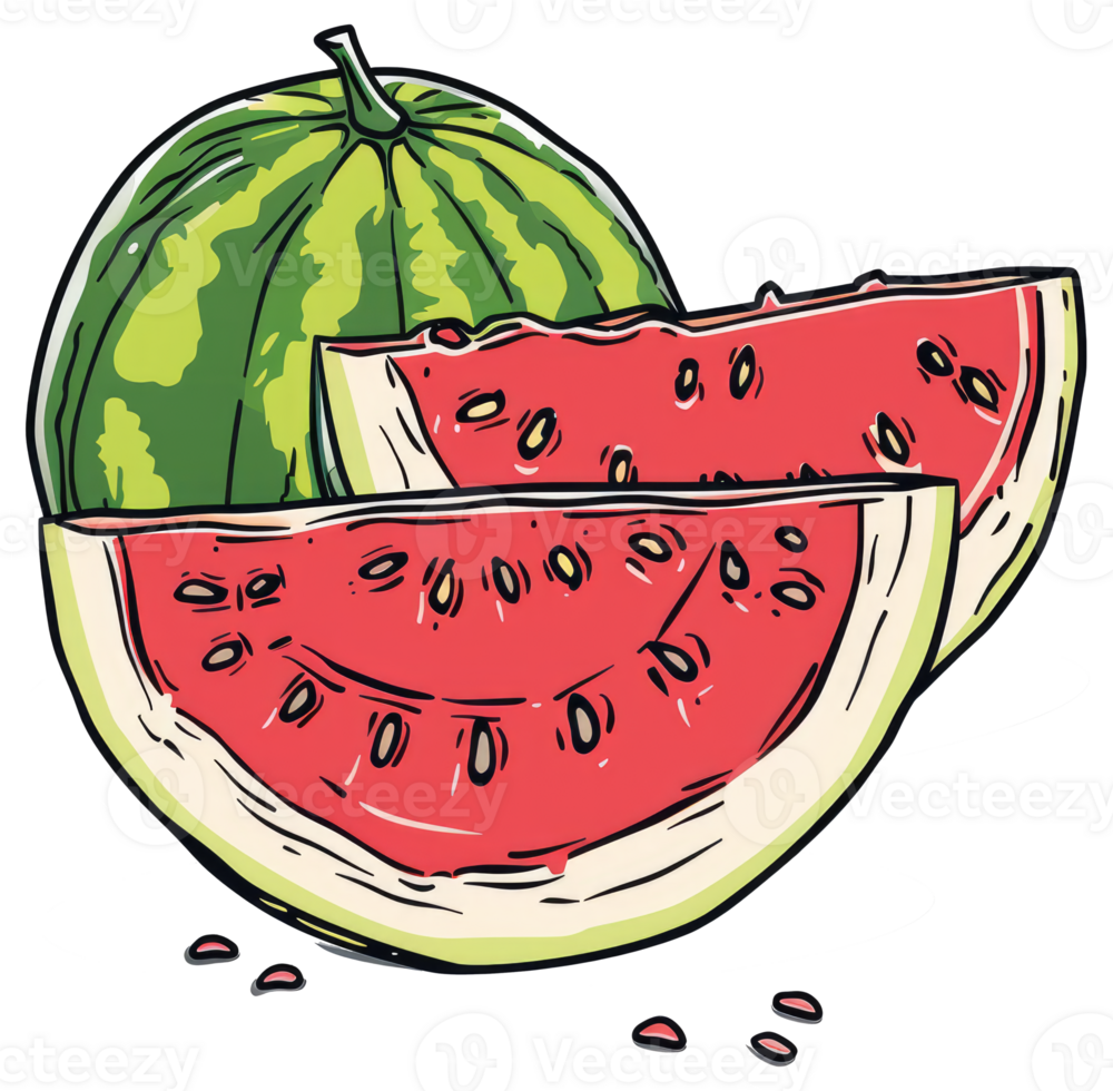 A whole watermelon and several slices of refreshing fruit are displayed png