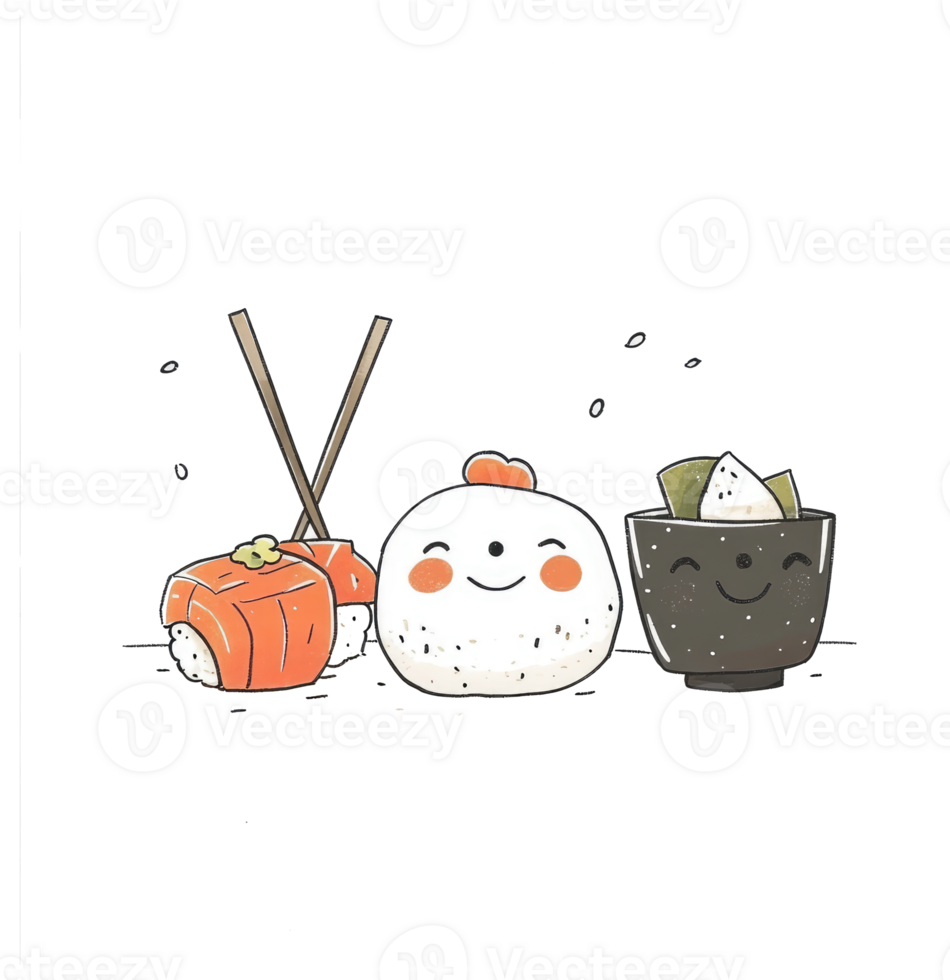 Adorable sushi food characters smiling with chopsticks and bowl png