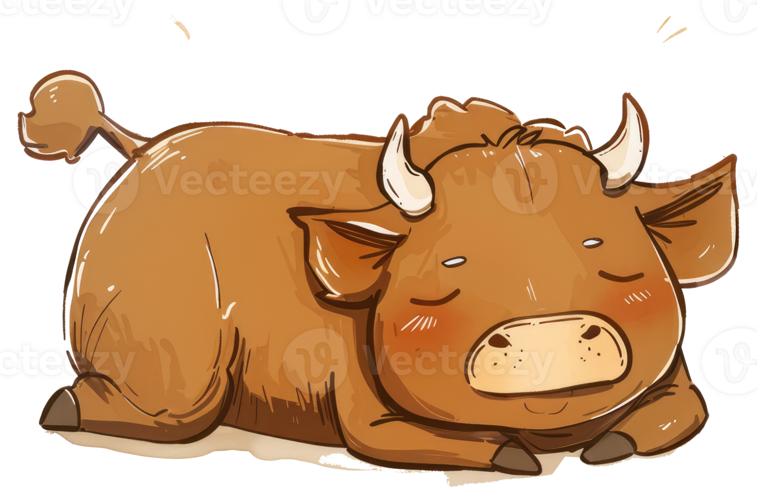 A brown cartoon bull is resting peacefully on the ground png