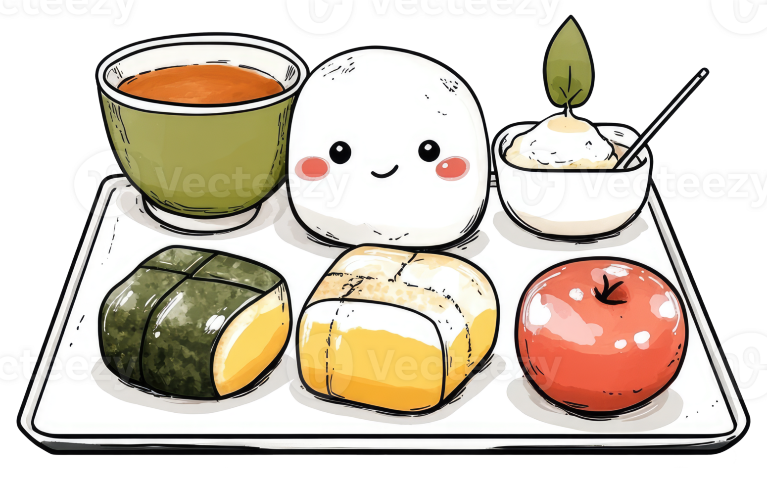Cute Japanese Desserts and Tea Served on a White Tray png
