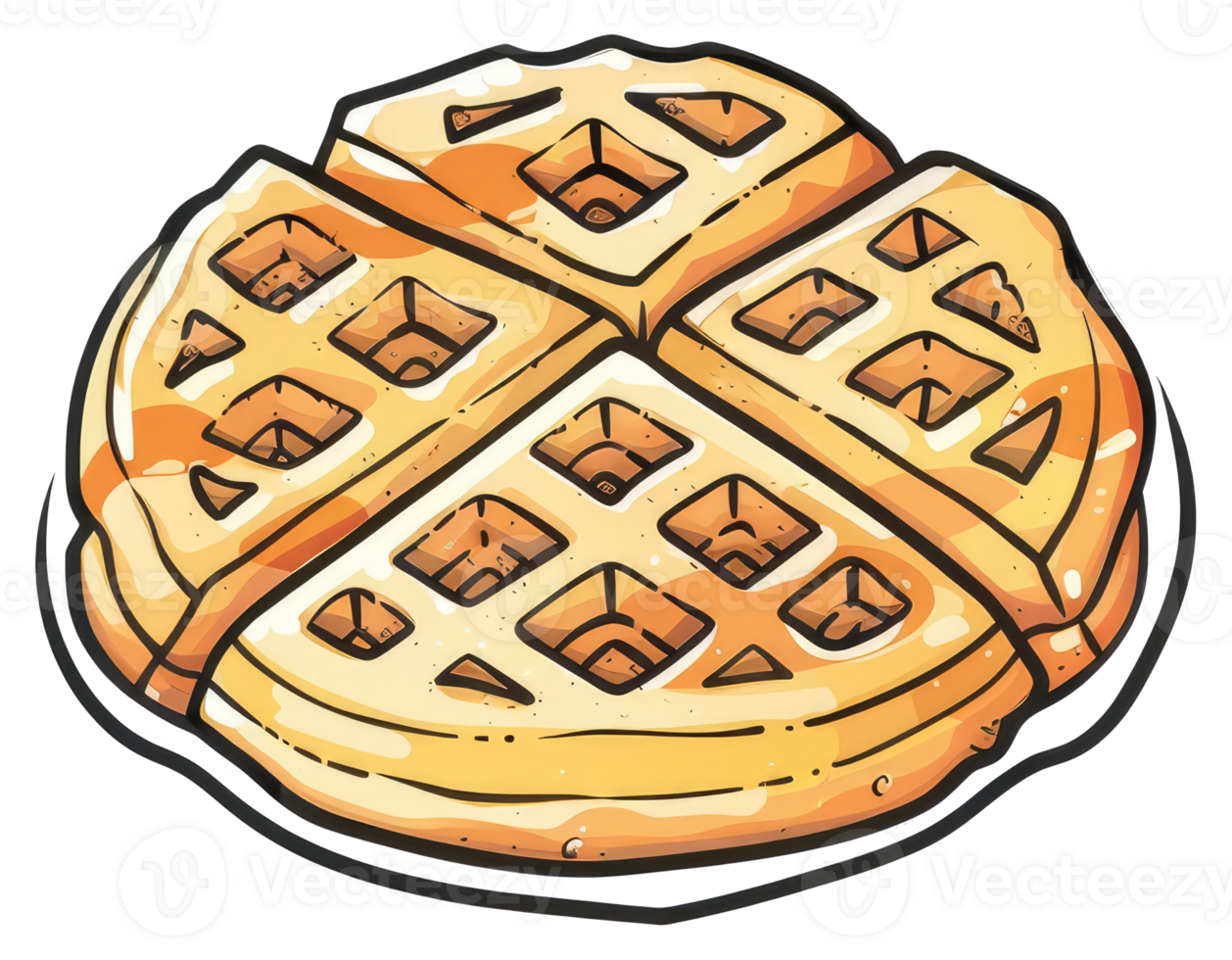 A golden brown waffle cut into quarters served on a plate png